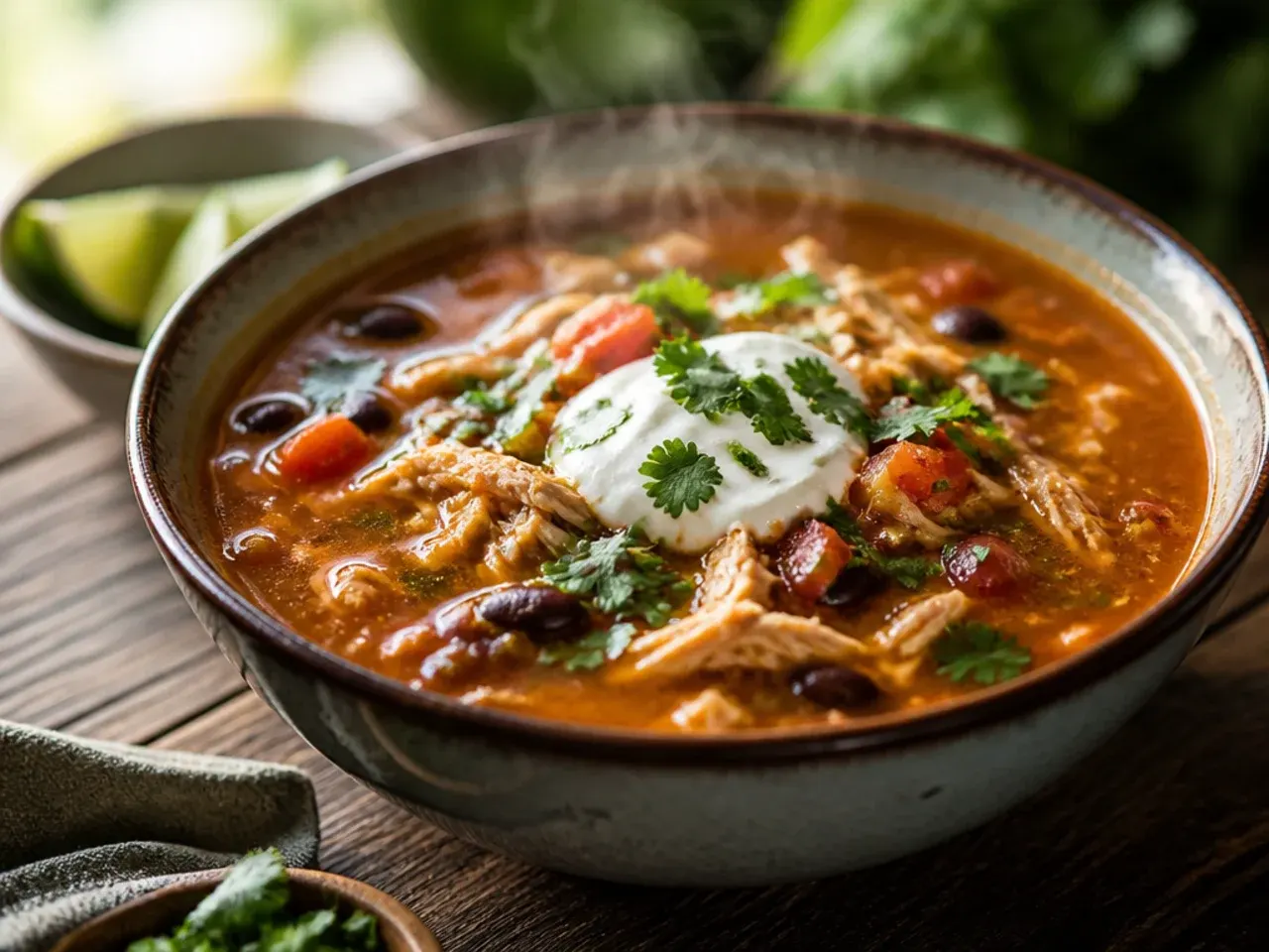 Low-carb chicken taco soup with cauliflower rice and courgette