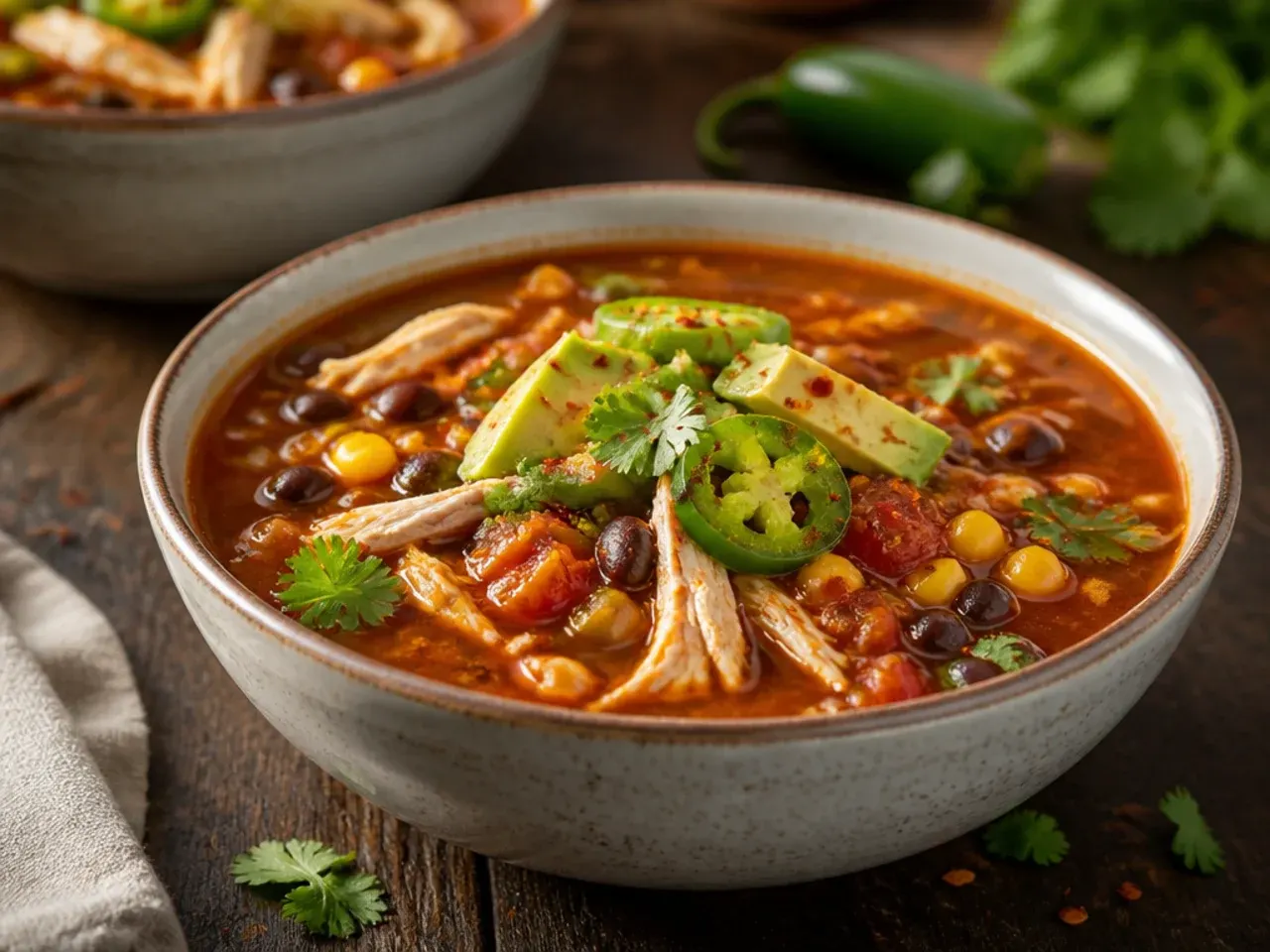 Spicy chicken taco soup topped with fresh jalapeño slices