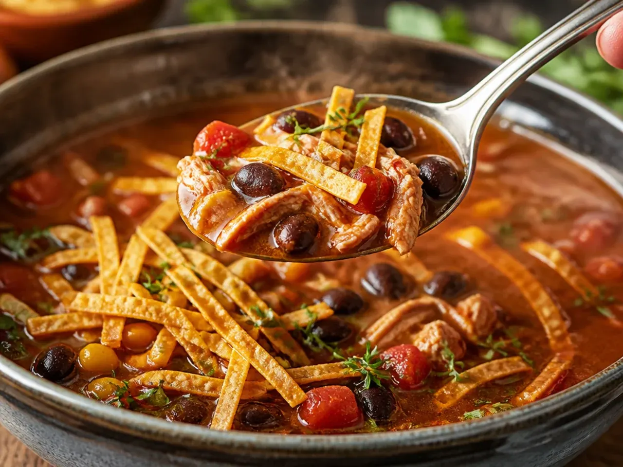 Chicken taco soup topped with crispy golden tortilla strips