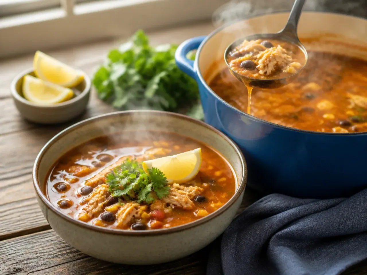 Dutch oven filled with one-pot chicken taco soup