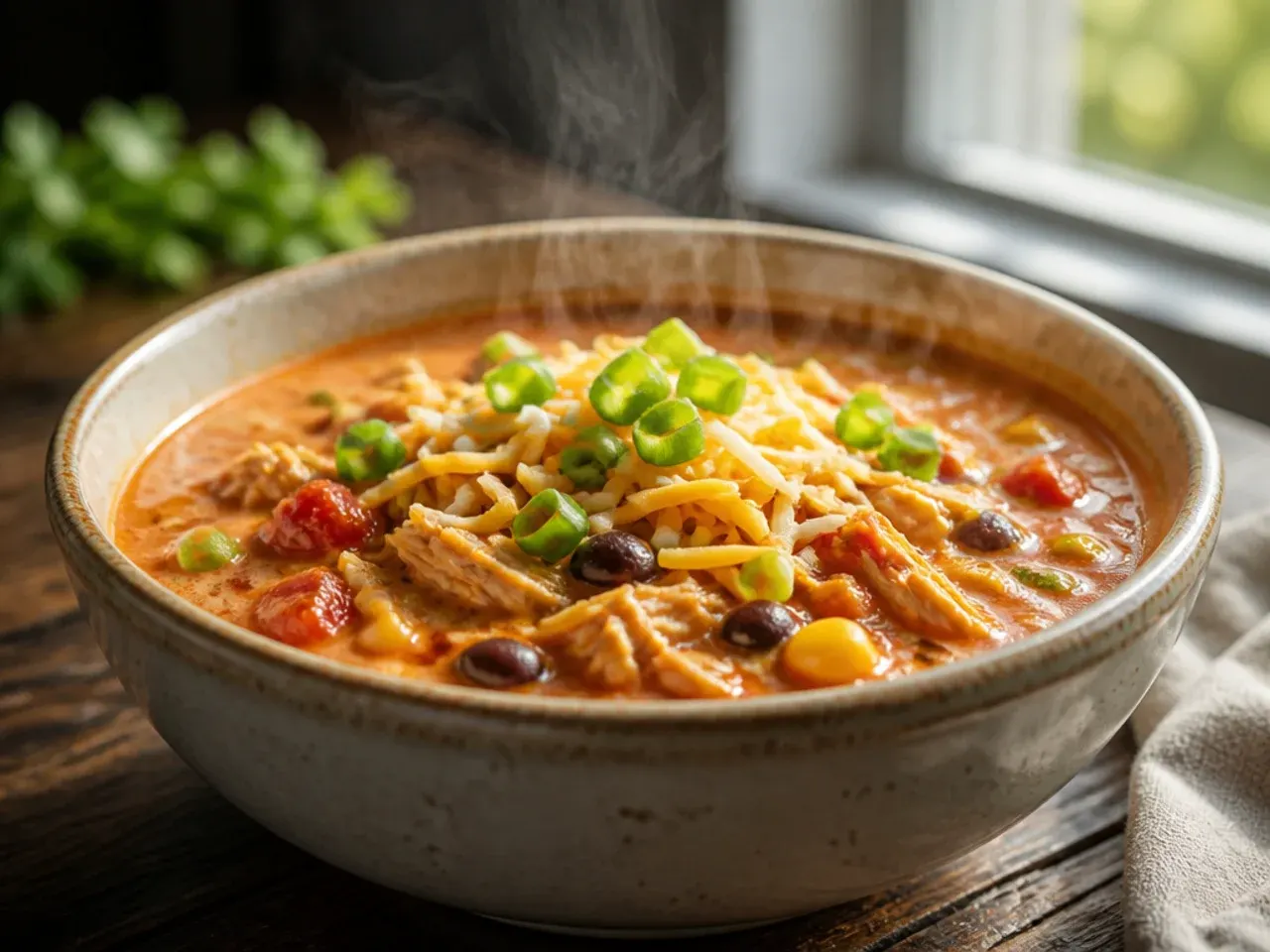 Bowl of healthy chicken taco soup topped with Greek yoghurt