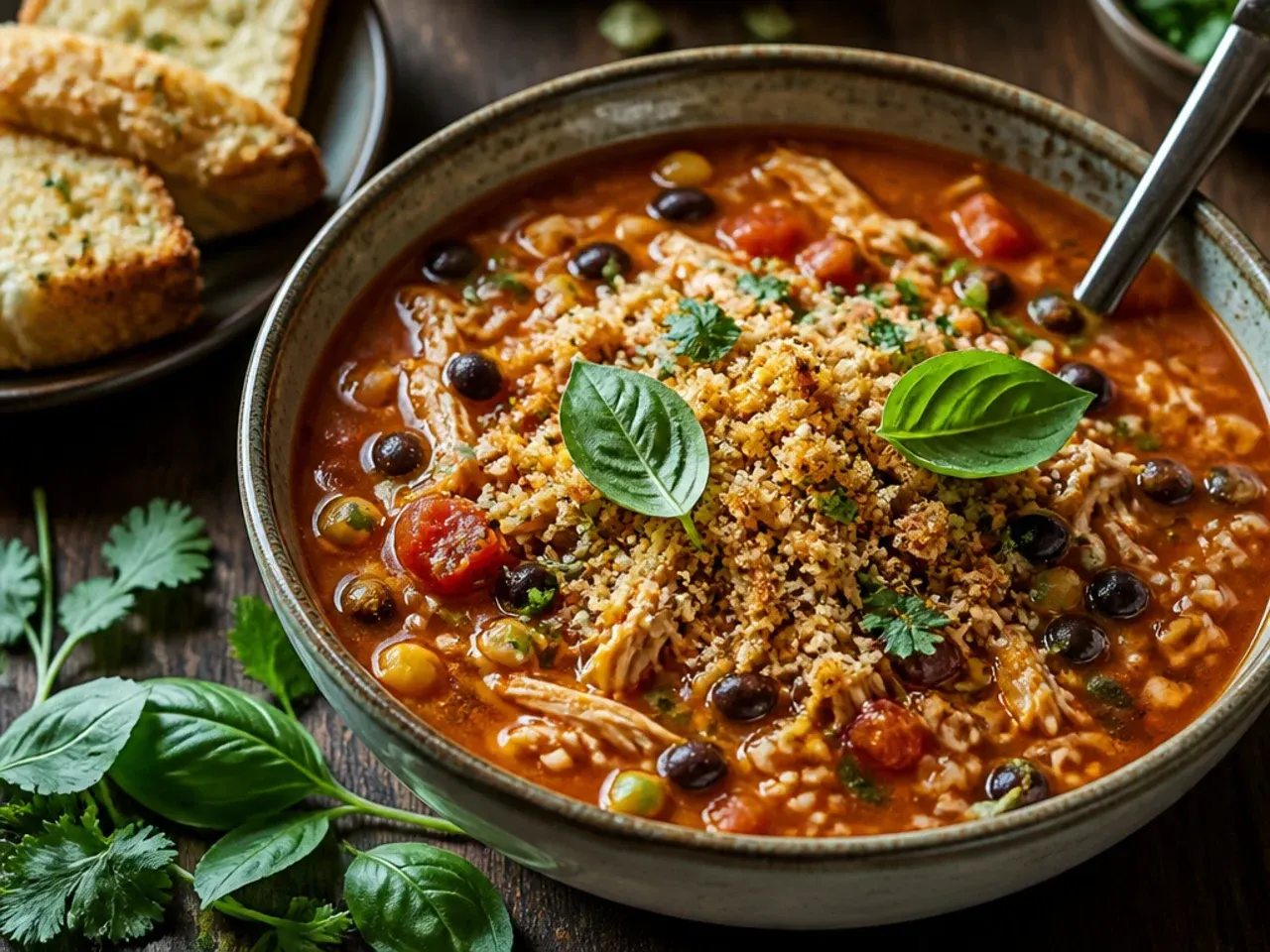 Comforting chicken and rice taco soup in a deep bowl