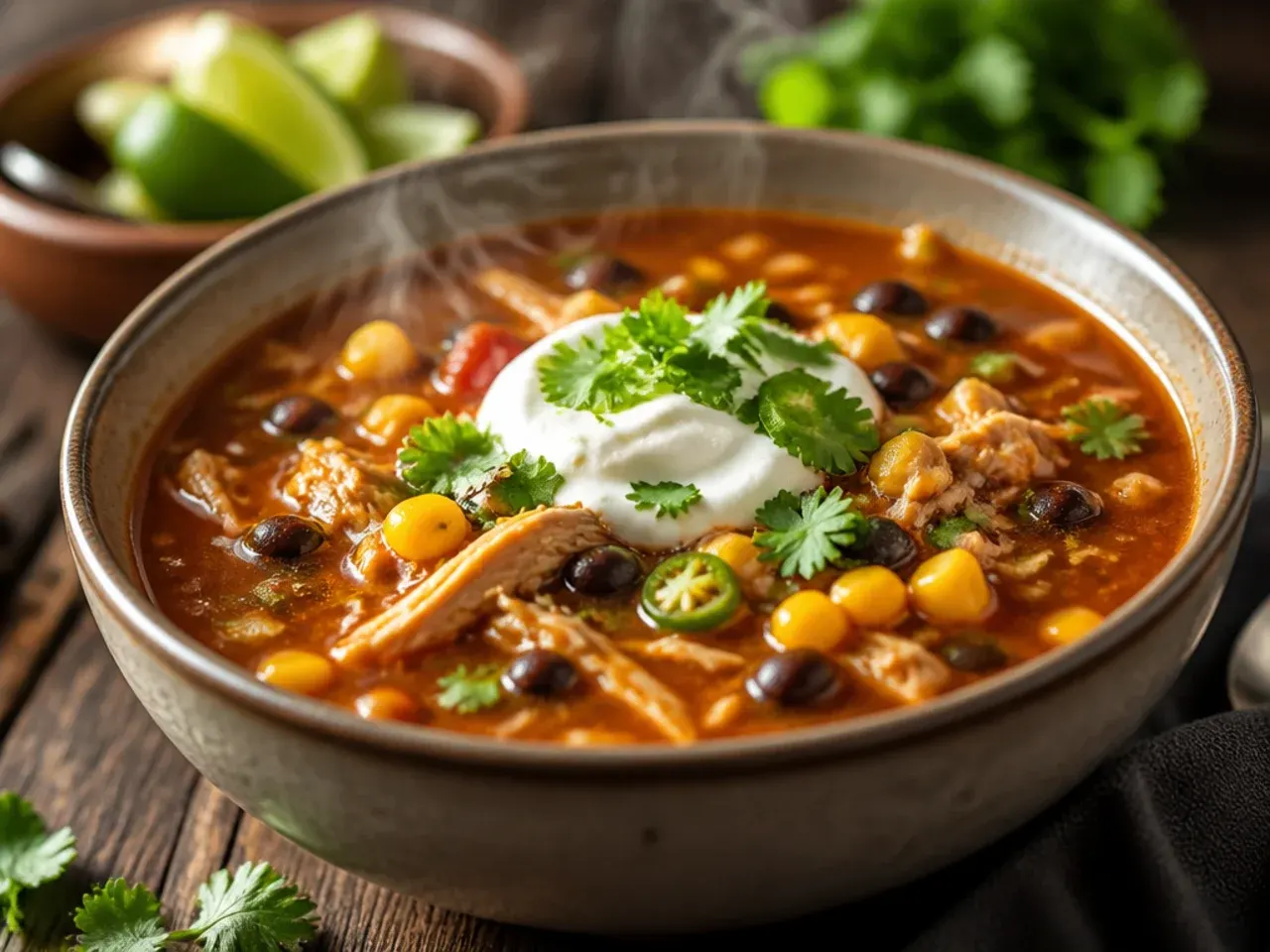 Best-ever chicken taco soup fully loaded with toppings