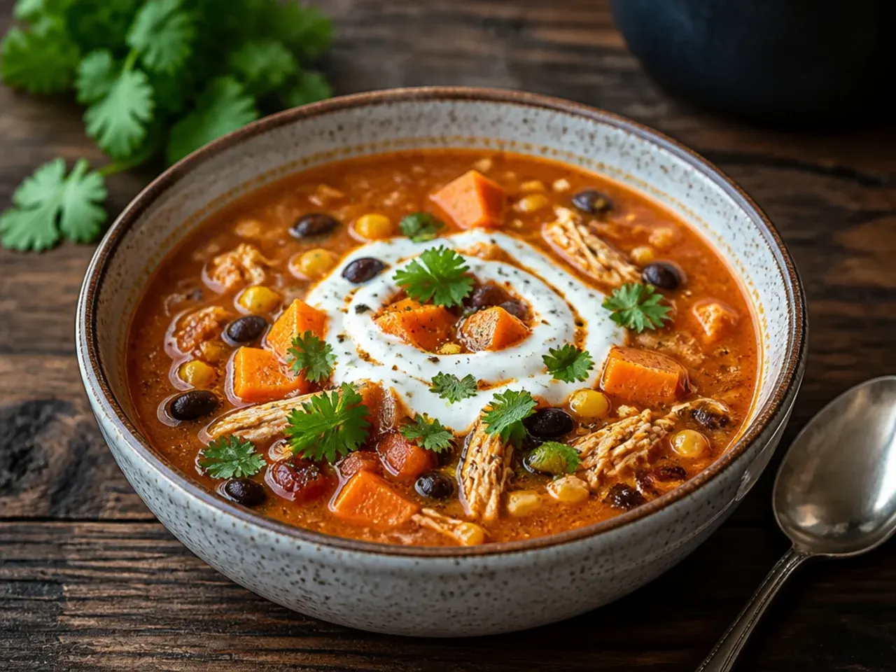Hearty chicken taco soup with diced sweet potato