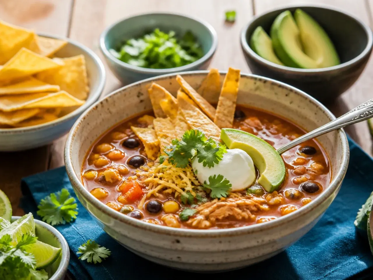 Table set with chicken taco soup, cornbread, and toppings