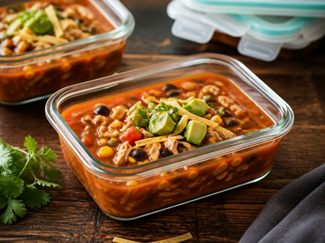 Container of leftover chicken taco soup being reheated on the stove