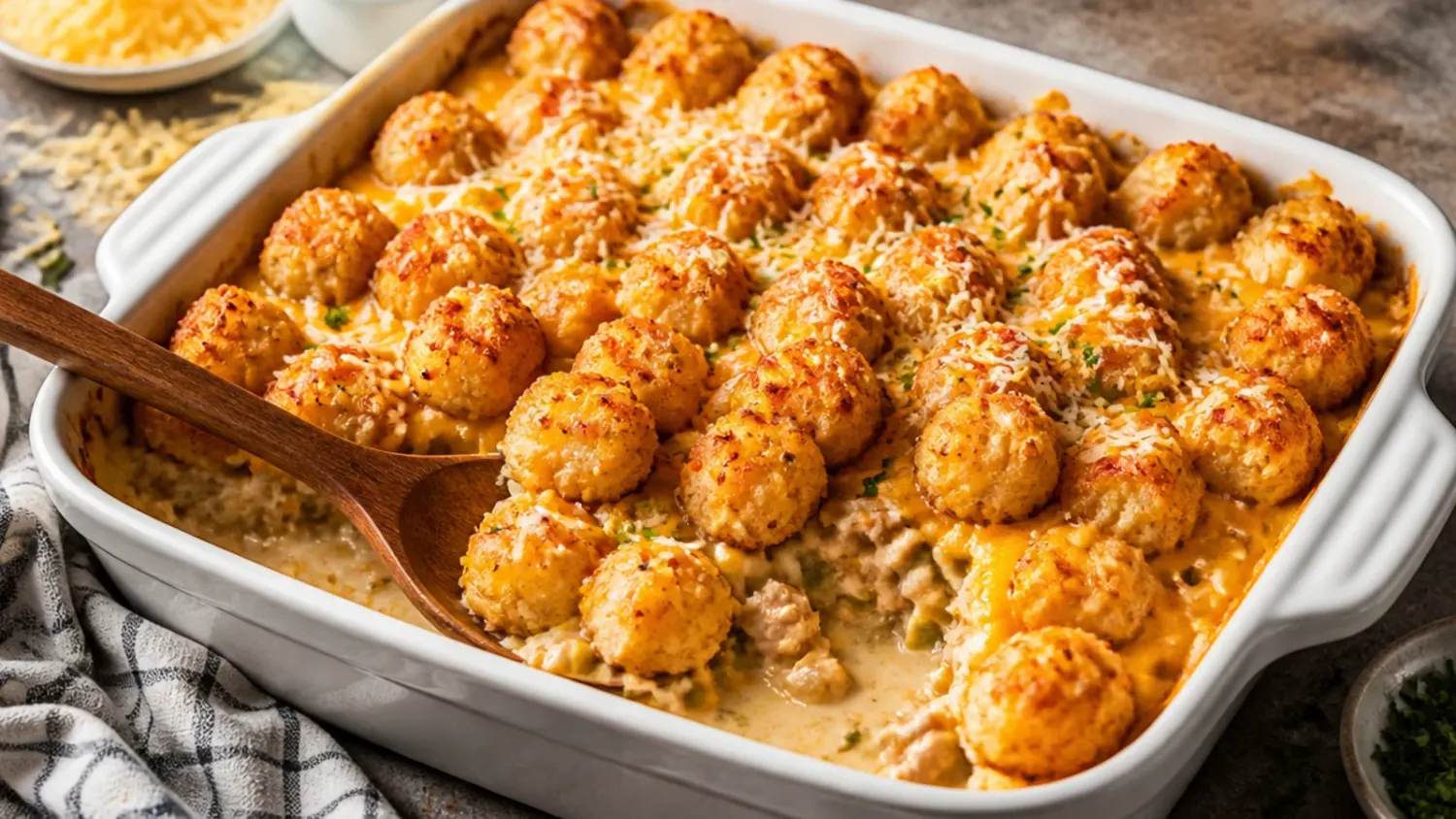 Overhead shot of a baked chicken tater tot casserole in a white dish, with golden crispy tater tots and melted cheddar on top