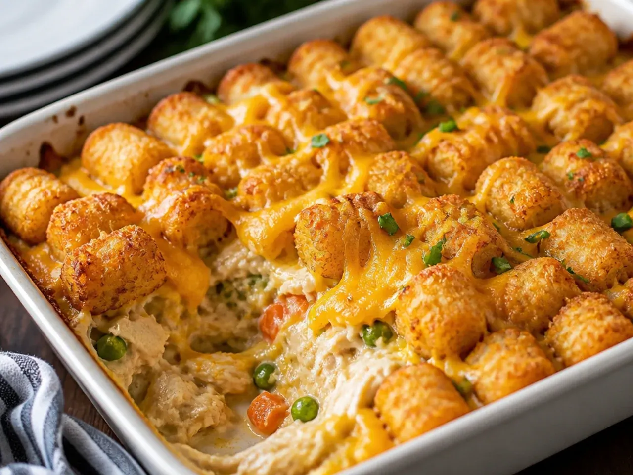 Close-up of a spoonful of chicken tater tot casserole being lifted from the baking dish, showing creamy filling and crispy tots