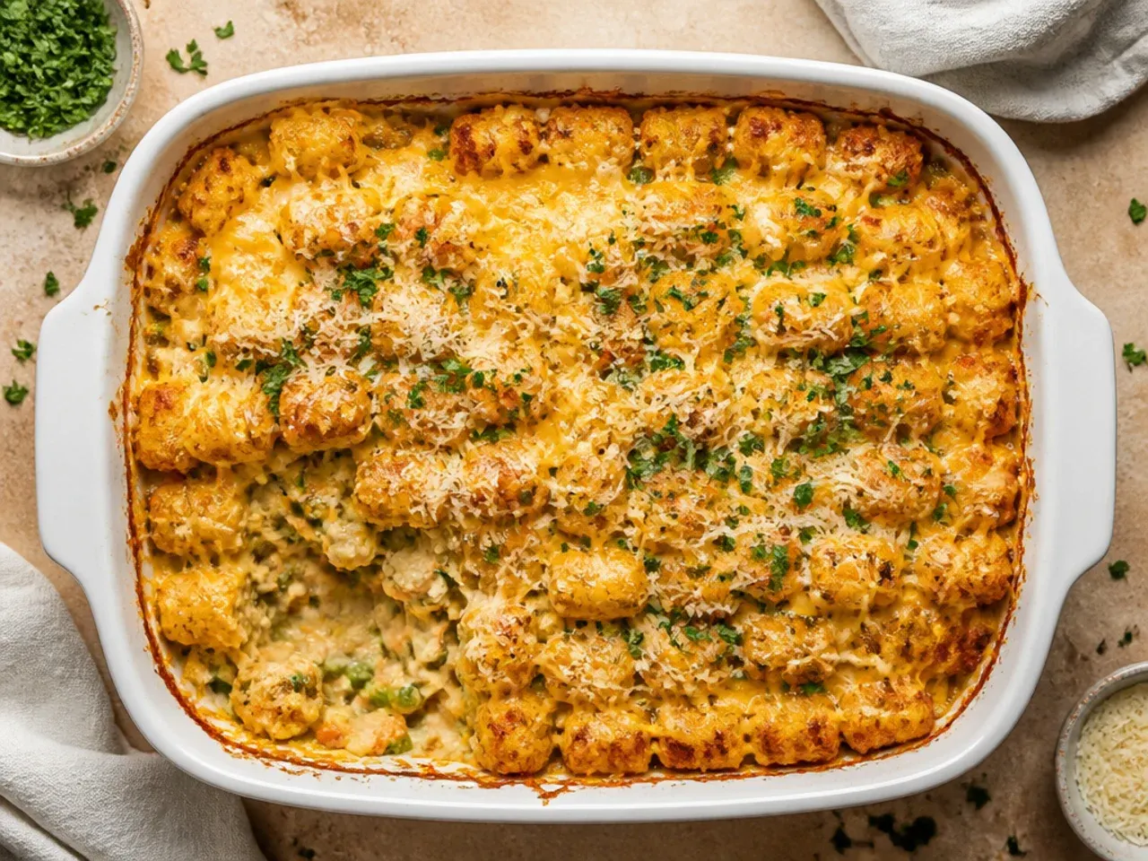 Classic chicken and cheddar tater tot casserole fresh out of the oven with golden tots and melted cheese
