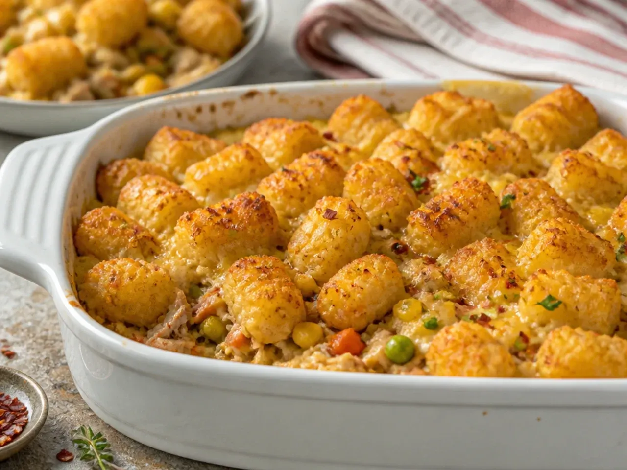 Cast iron skillet of chicken tater tot casserole with a crispy golden topping, straight from under the grill