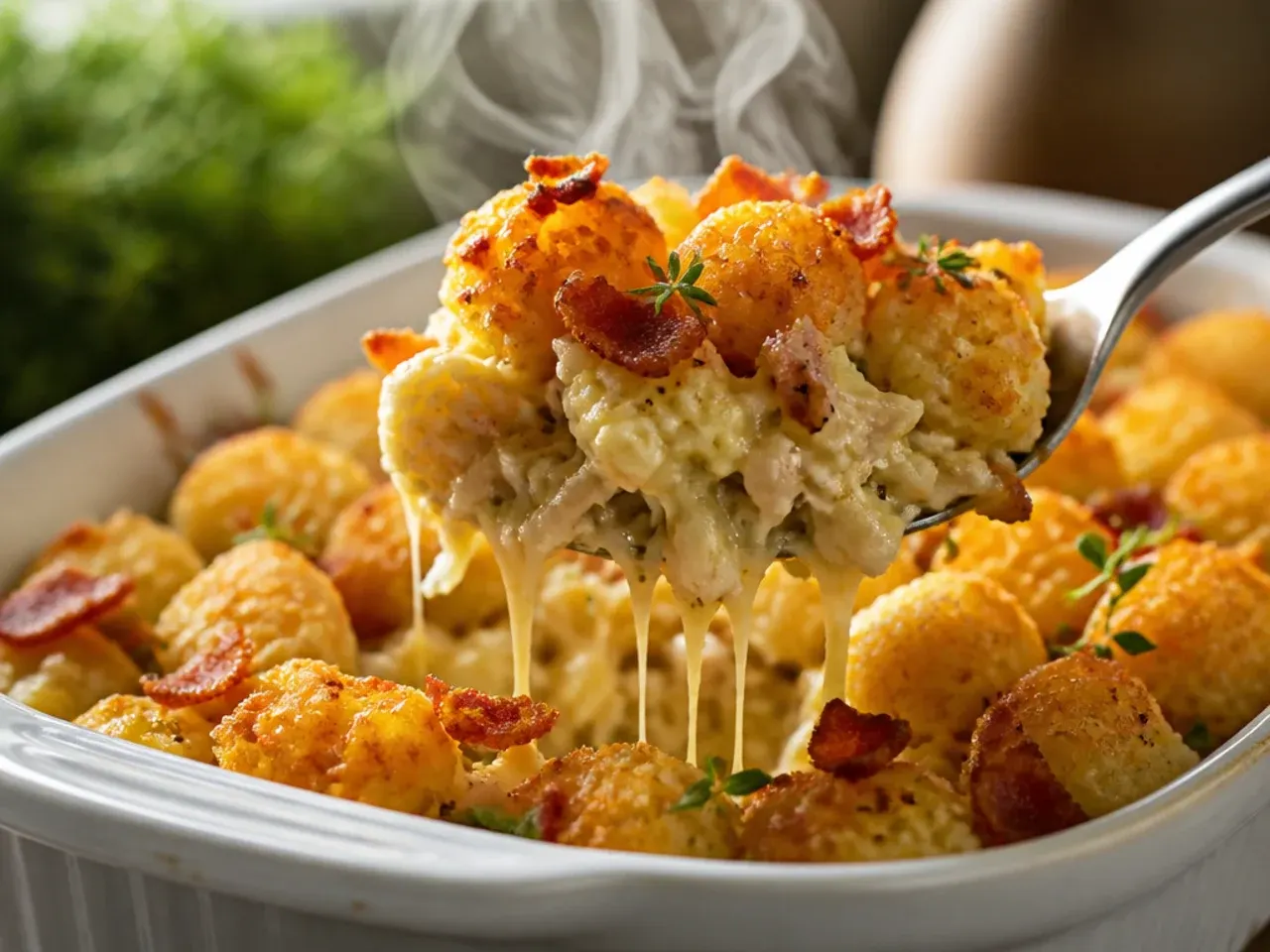 Bacon ranch chicken tater tot casserole topped with crumbled bacon and a drizzle of ranch dressing