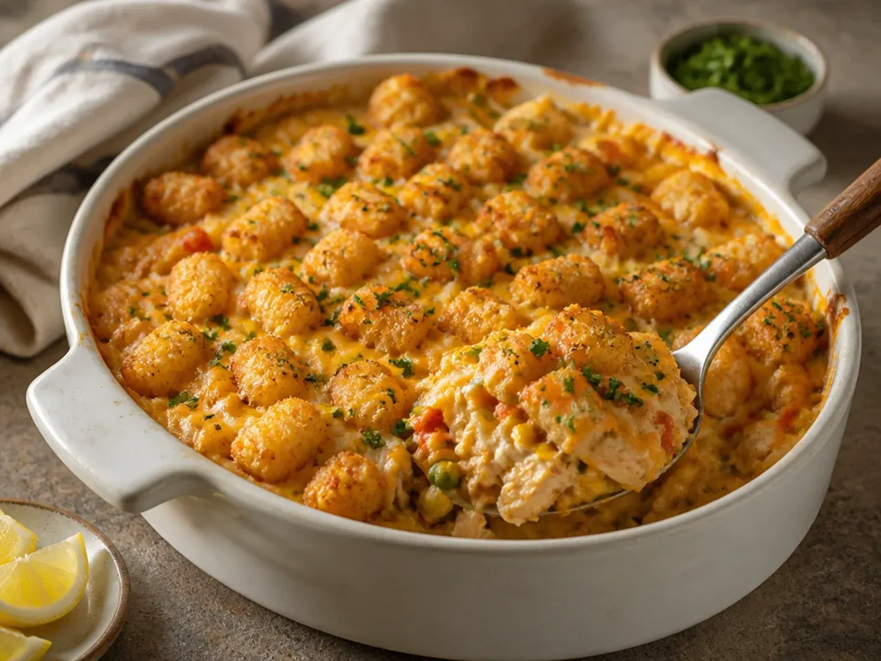 Slow cooker insert filled with chicken tater tot casserole, tater tots arranged over a creamy chicken filling