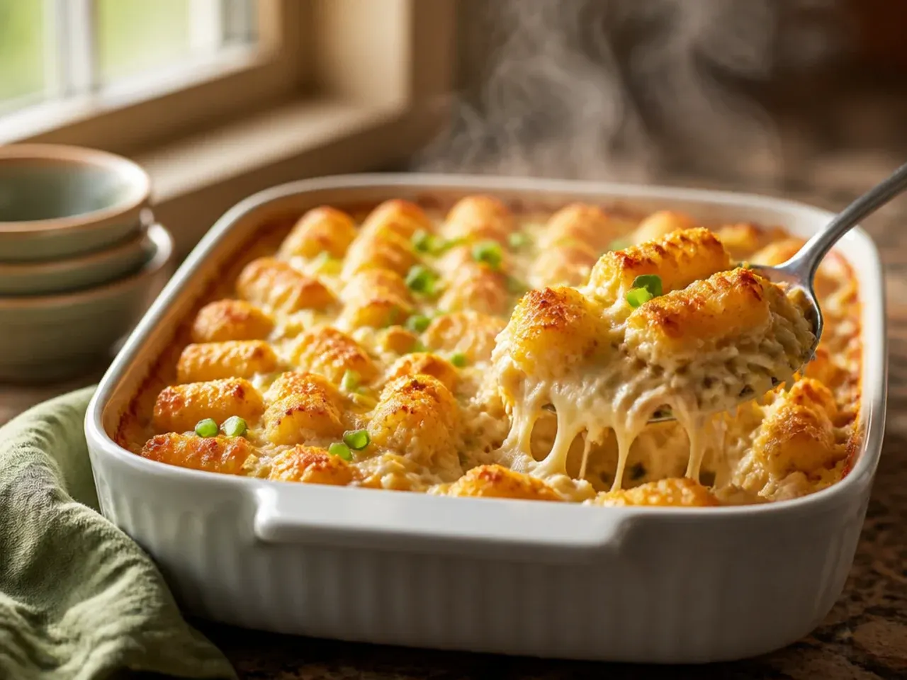 Creamy chicken Alfredo tater tot casserole with visible spinach and a golden Parmesan-crusted tater tot topping