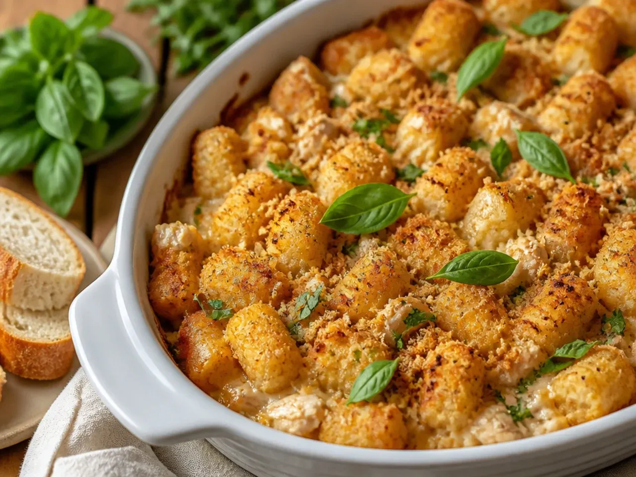 Simple five-ingredient chicken tater tot casserole in a plain white baking dish with a golden tater tot crust