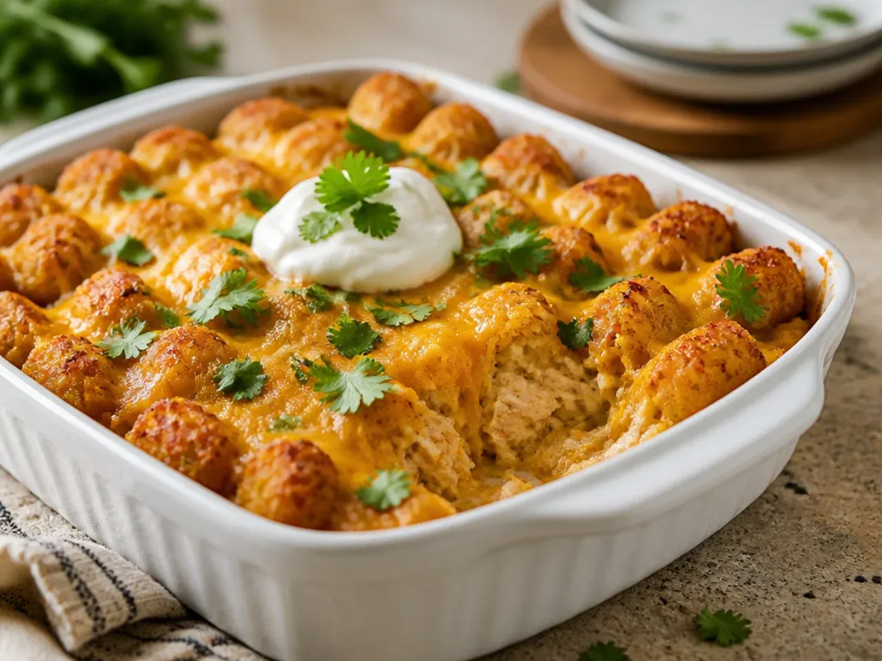 Extra-cheesy three-cheese chicken tater tot casserole with pools of melted cheese between the tater tots