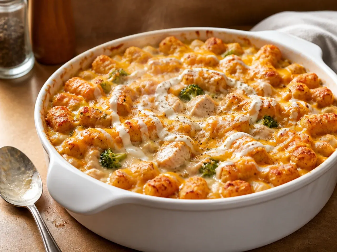 Broccoli cheddar chicken tater tot casserole with bright green broccoli florets visible under a cheesy tater tot layer