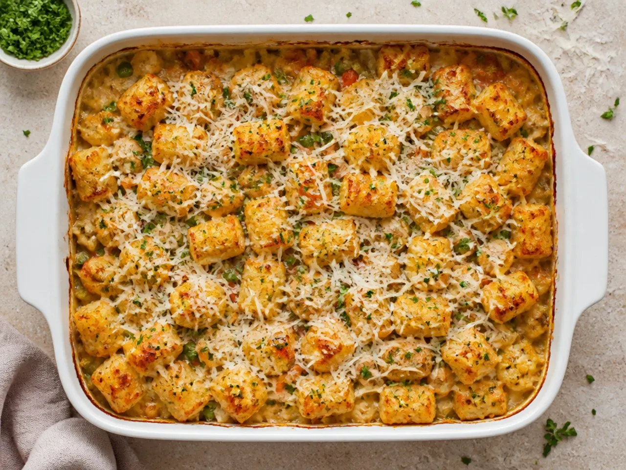 Budget-friendly chicken tater tot casserole made with pantry staples, served in a simple glass baking dish
