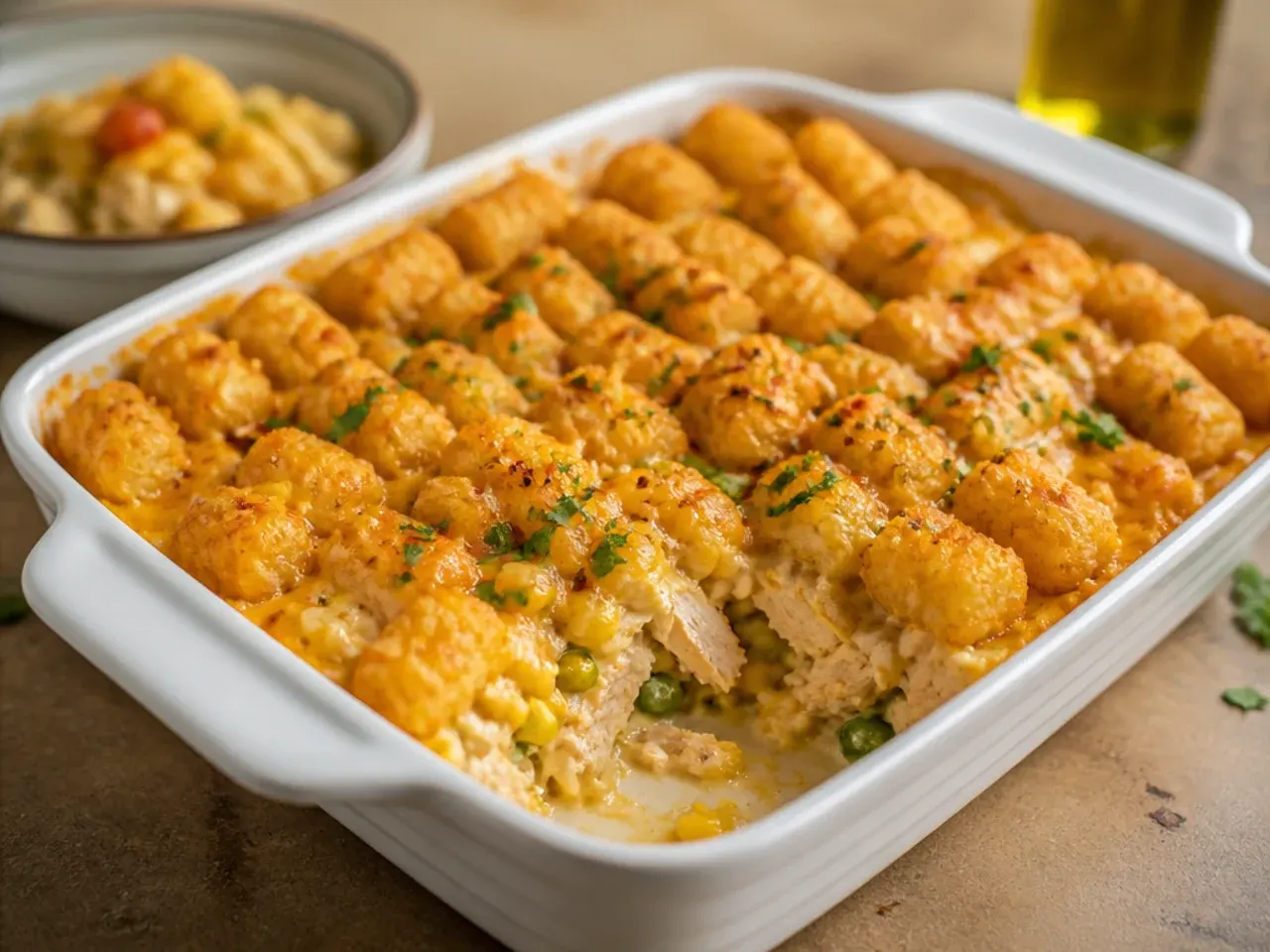 Sheet pan chicken tater tot casserole spread in a thin even layer with crispy tater tots covering the surface