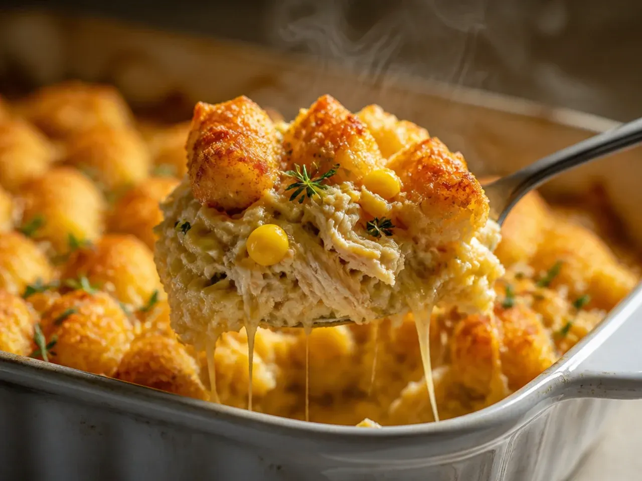 Rustic farmhouse chicken tater tot casserole with visible mushrooms, celery and carrot in a homemade white sauce