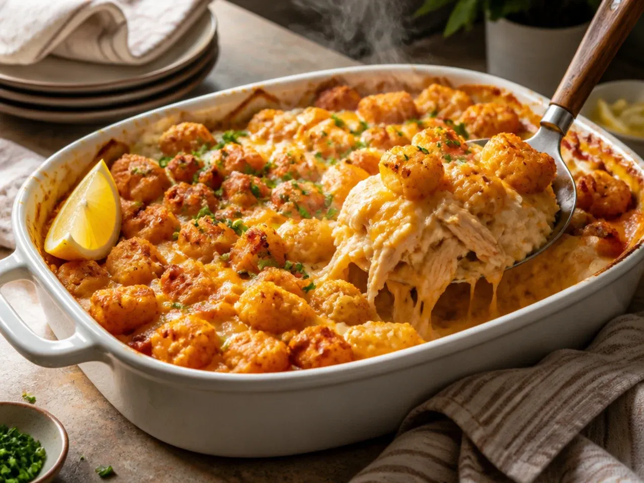 Loaded buffalo chicken tater tot casserole drizzled with ranch dressing and hot sauce over crispy tots