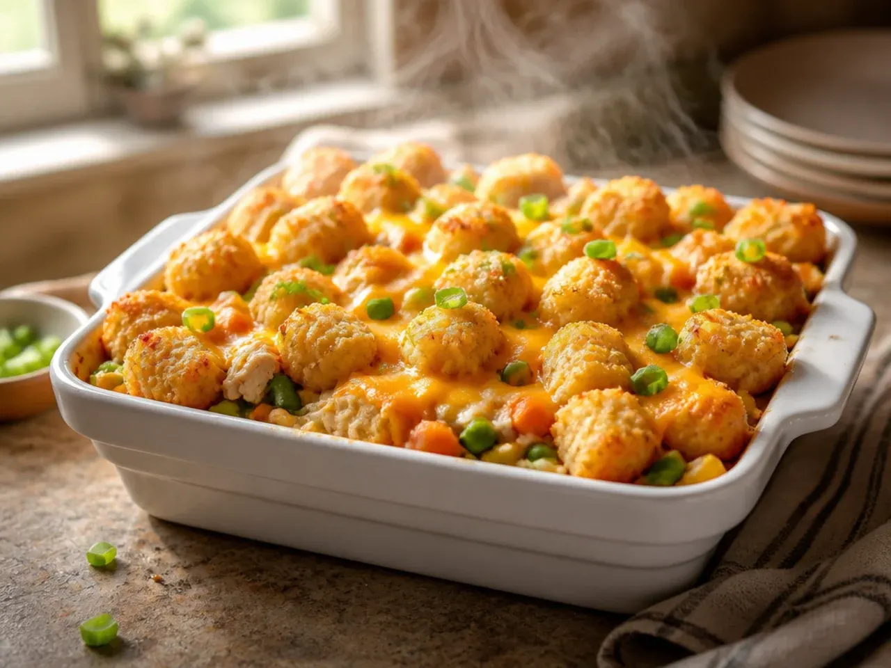 Large family-size chicken and vegetable tater tot casserole in a deep baking dish, cut into generous portions