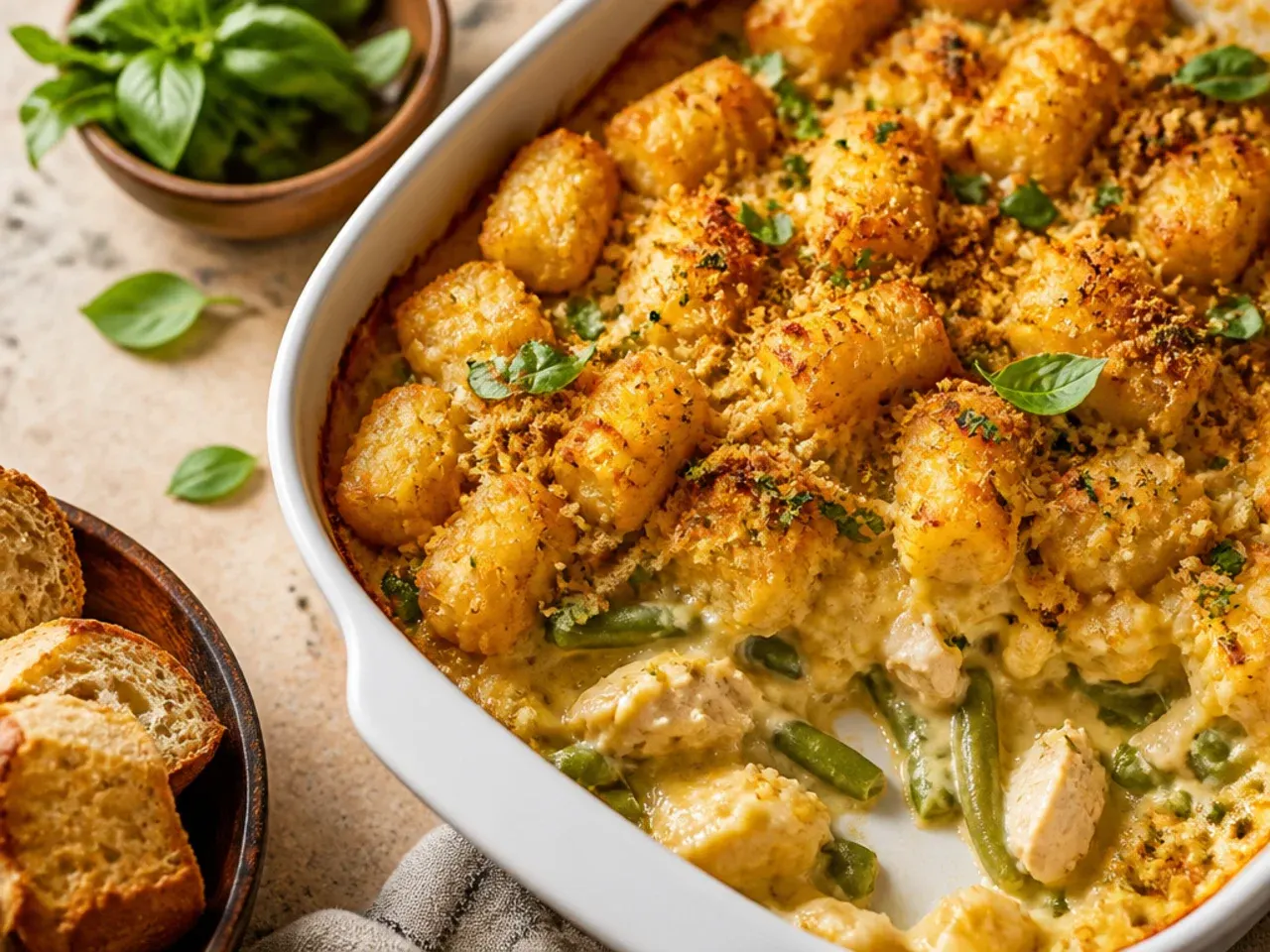 Green bean chicken tater tot casserole topped with crispy fried onions and golden tater tots