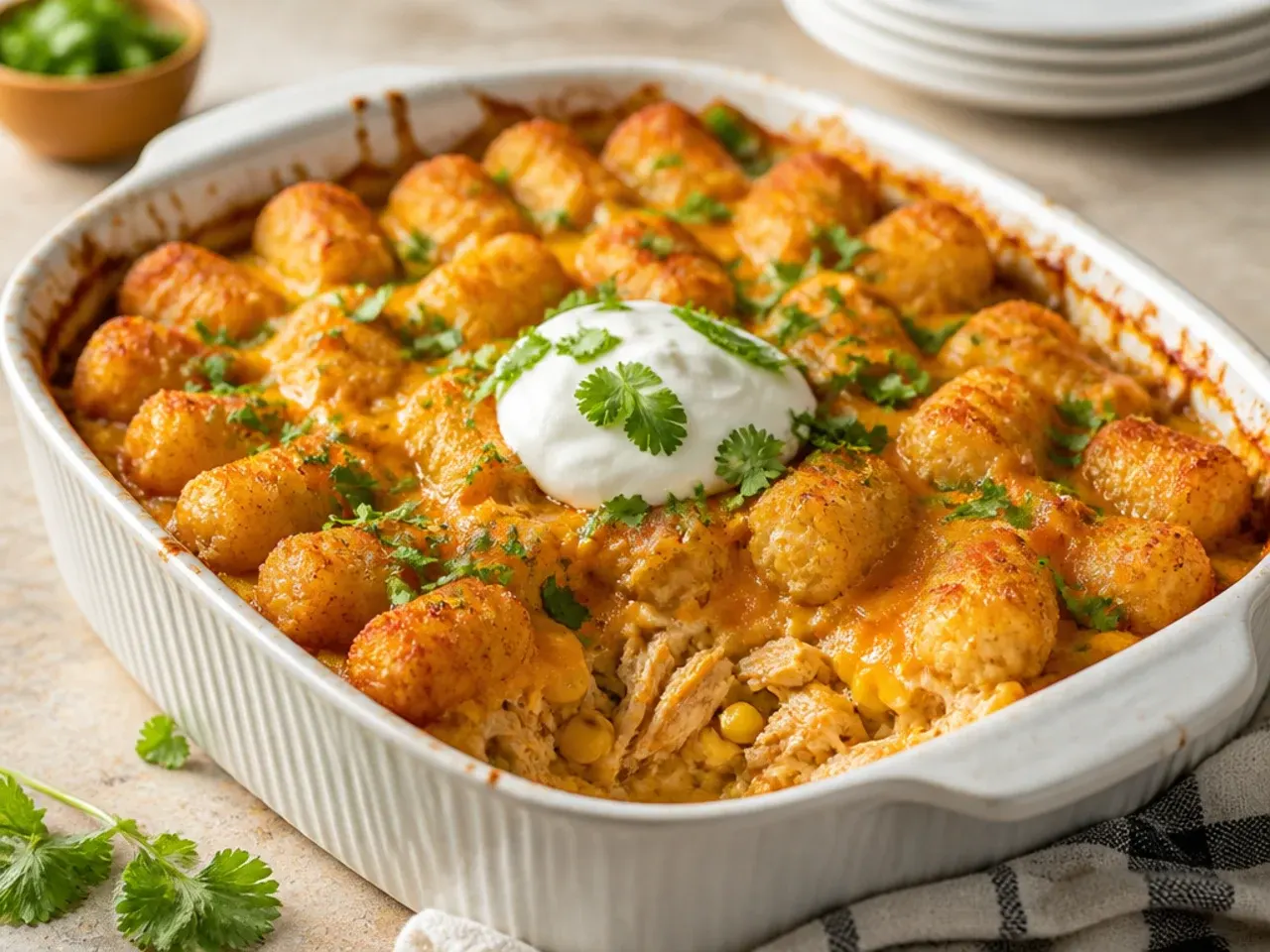 One-pot cast iron skillet chicken tater tot casserole fresh from the oven with a golden crispy top