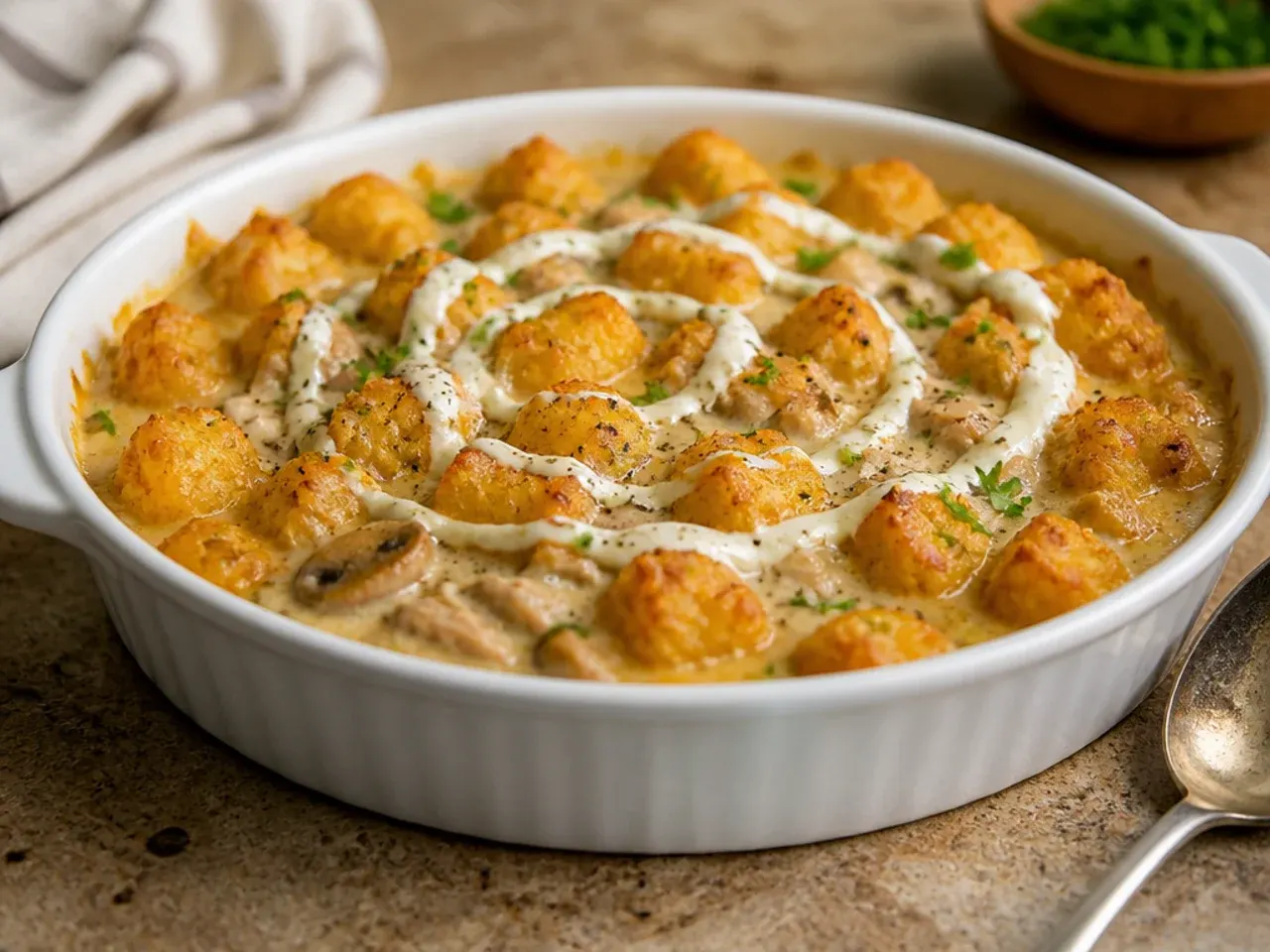 Southern-style cream of mushroom chicken tater tot casserole with sautéed mushroom pieces in the filling