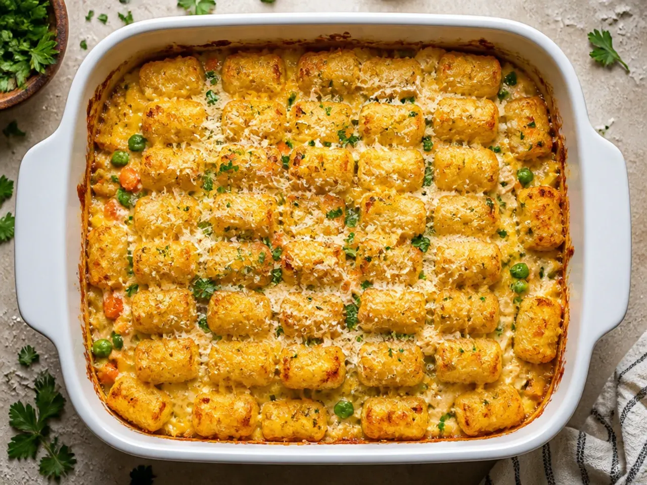 Easy rotisserie chicken tater tot casserole with visibly shredded chicken pieces throughout the creamy filling