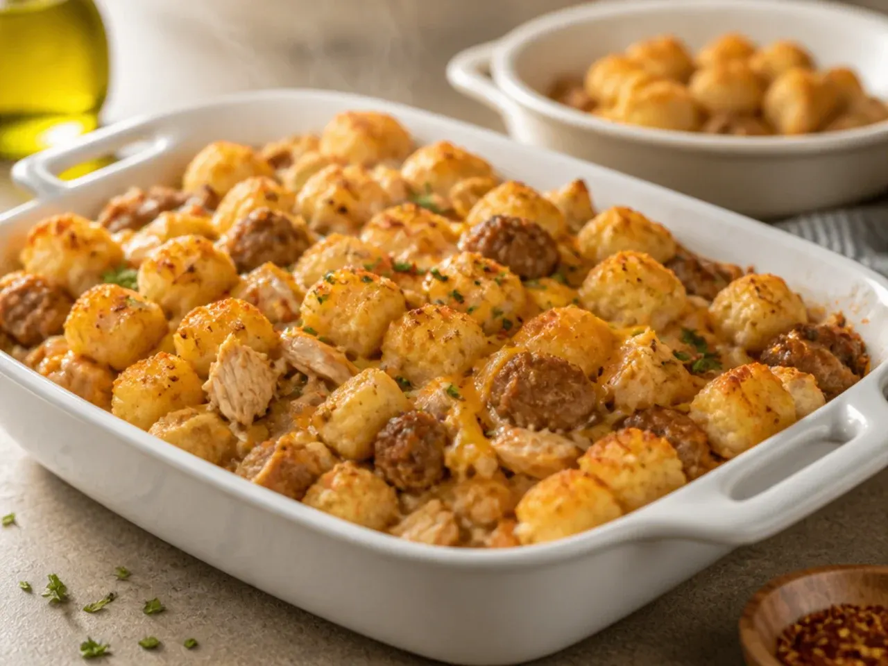 Hearty chicken and smoked sausage tater tot casserole with visible sausage slices under the tater tot topping