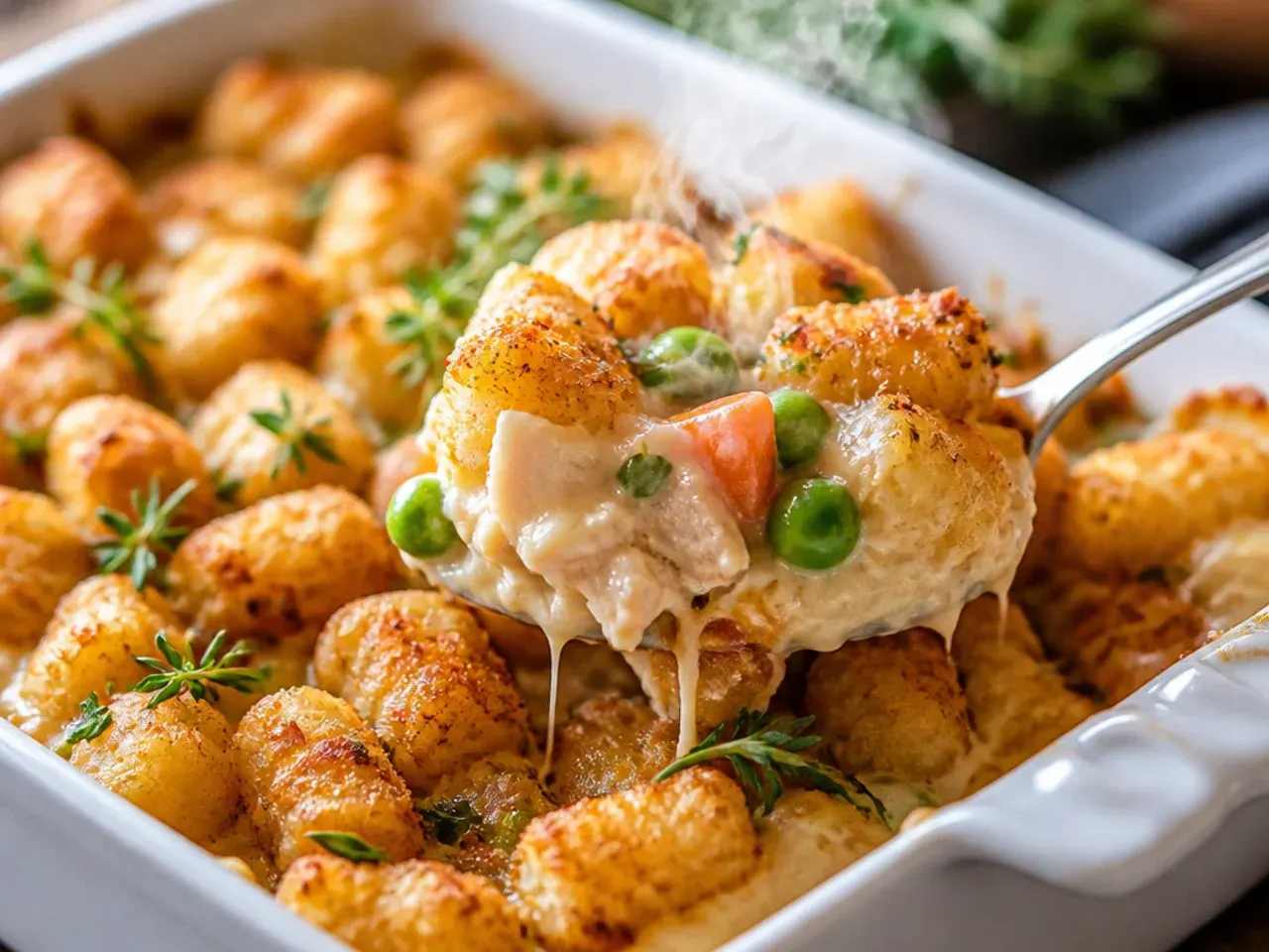 Chicken pot pie style tater tot casserole with carrots, celery and peas visible in a thick creamy sauce