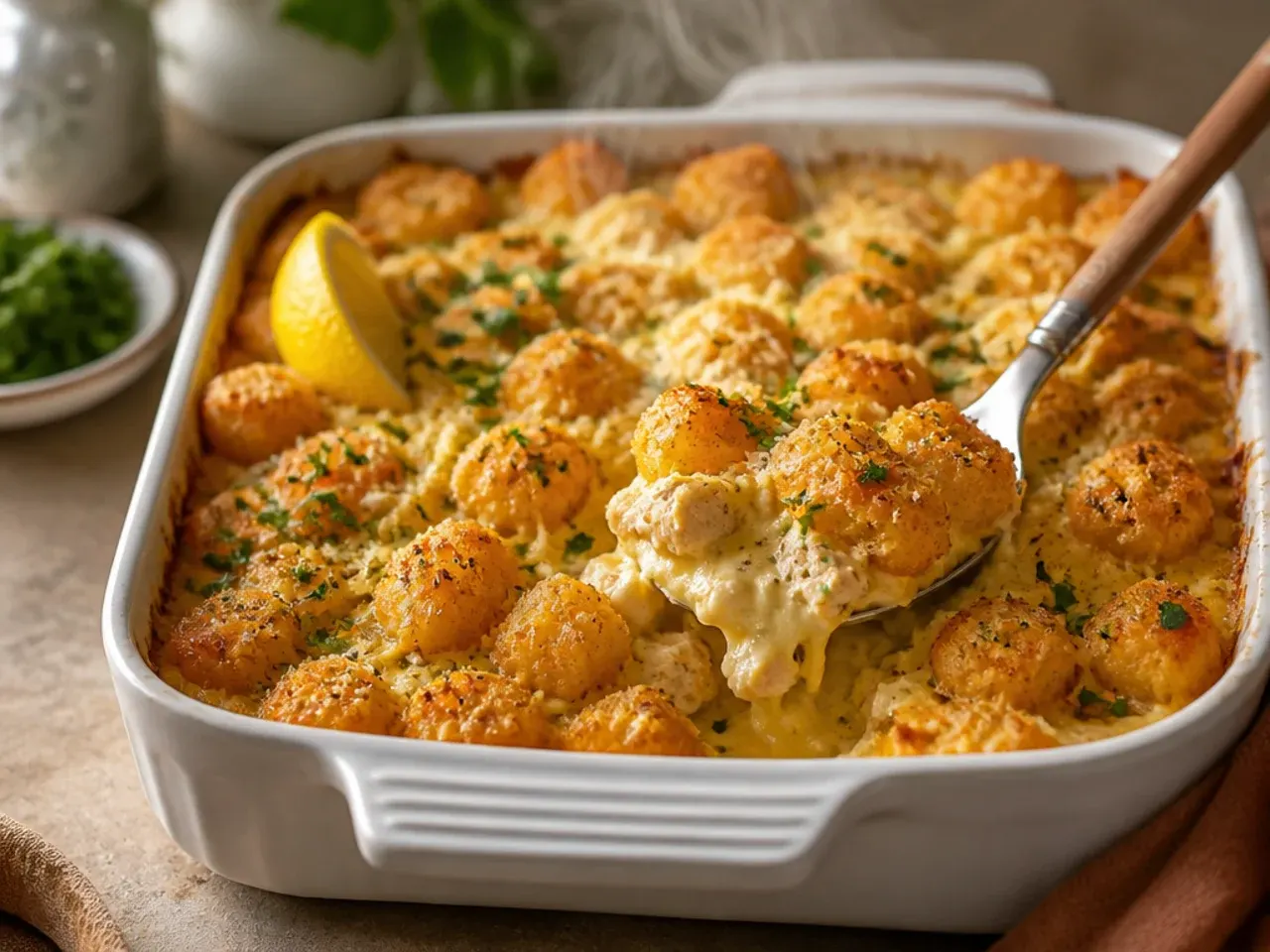 Creamy garlic Parmesan chicken tater tot casserole garnished with chopped parsley and a Parmesan crust