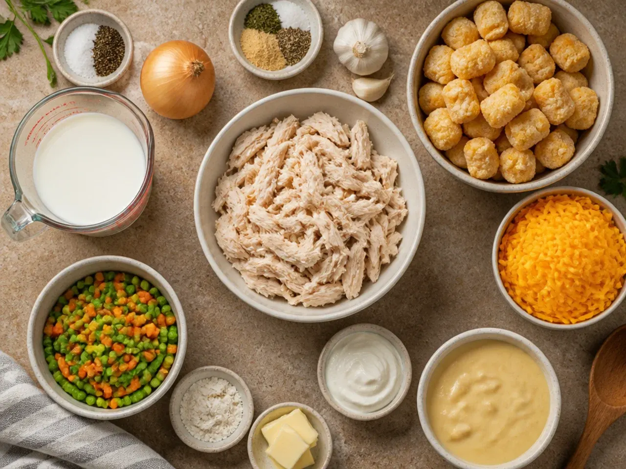 Close-up of golden crispy tater tots on top of a chicken casserole, showing the ideal deep golden colour