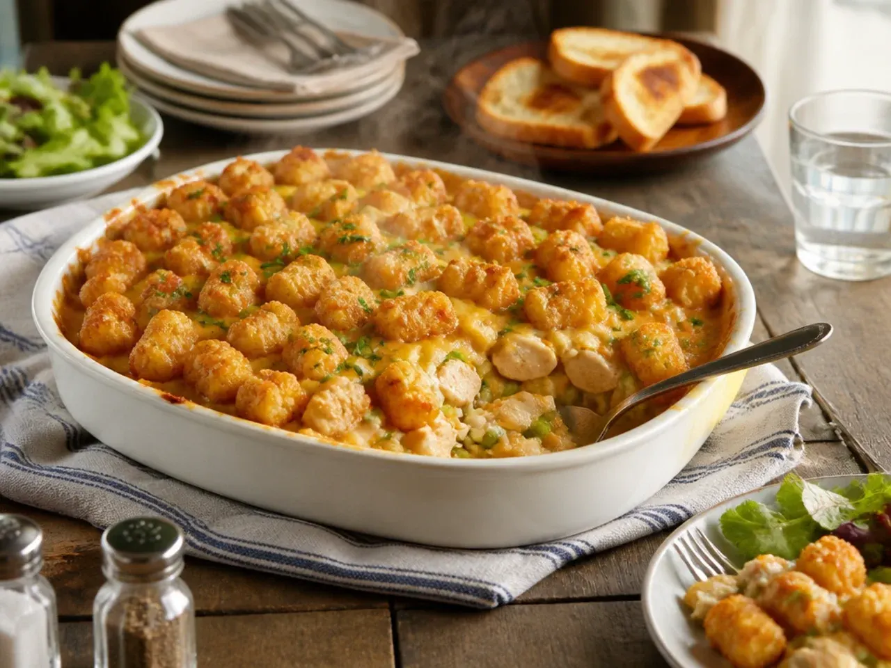 Plated serving of chicken tater tot casserole with a side salad, garnished with sour cream and chopped chives