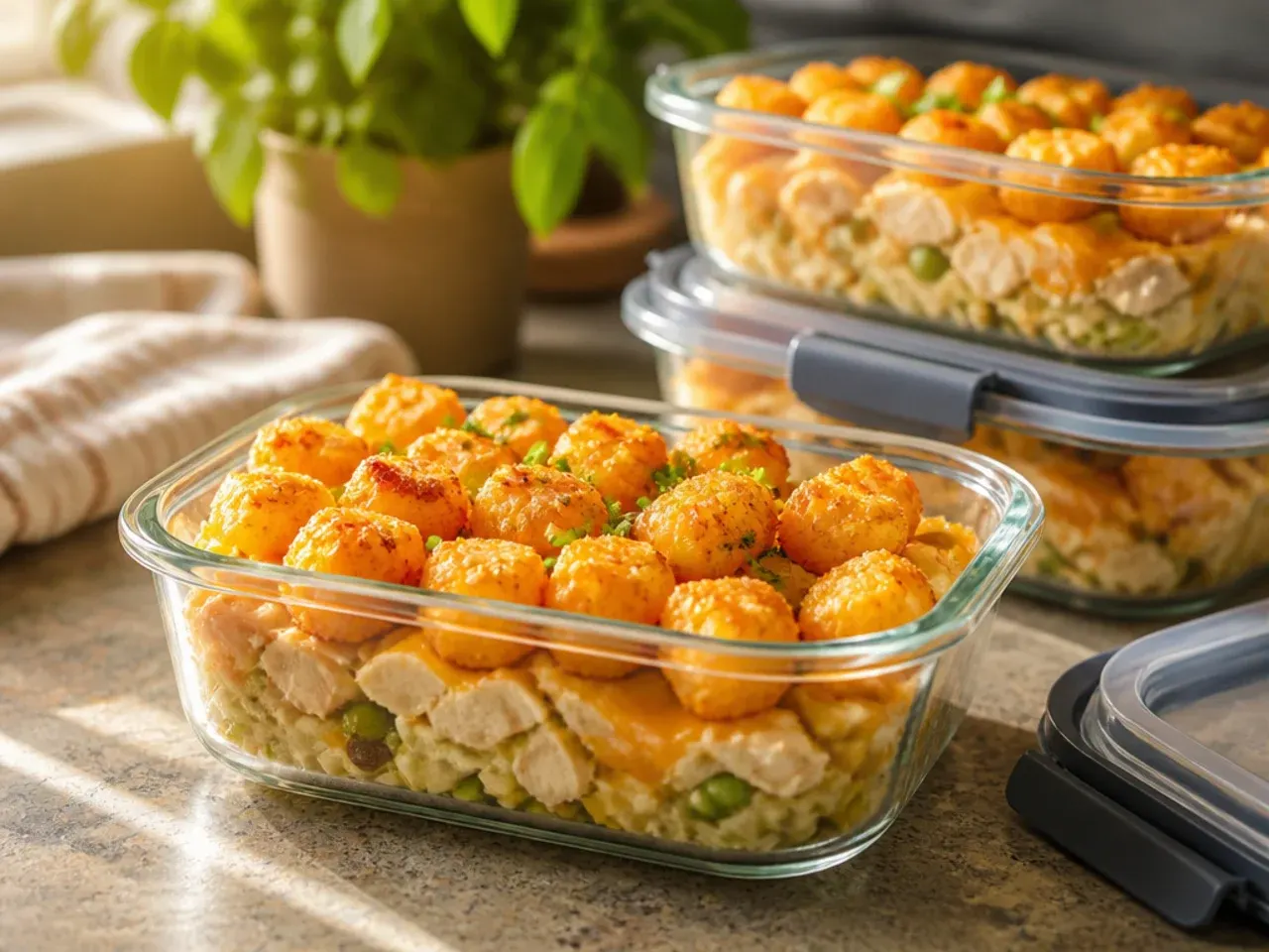 Portion of leftover chicken tater tot casserole in a glass storage container ready for the fridge