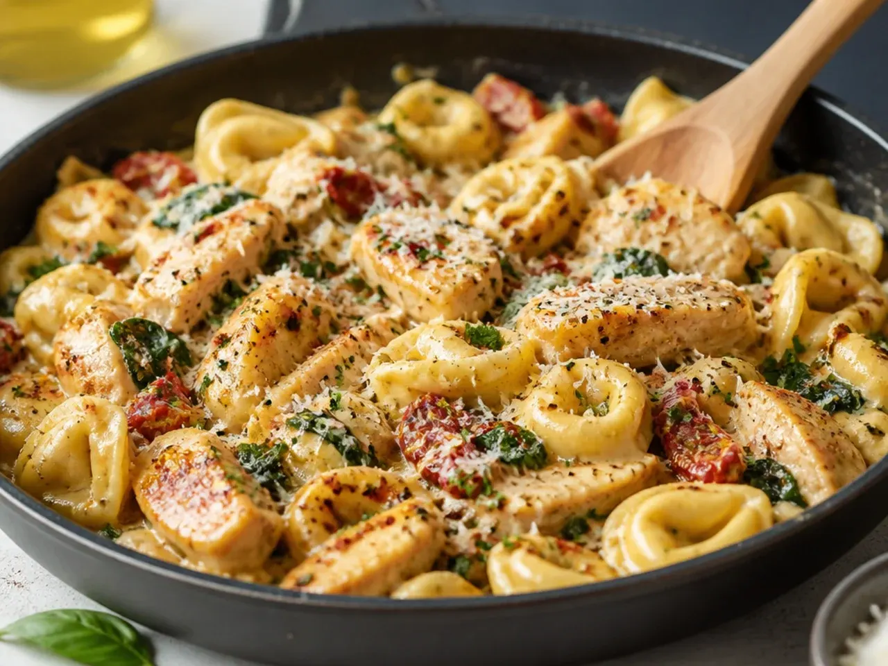 Overhead view of a bowl of chicken tortellini in creamy sauce with fresh herbs