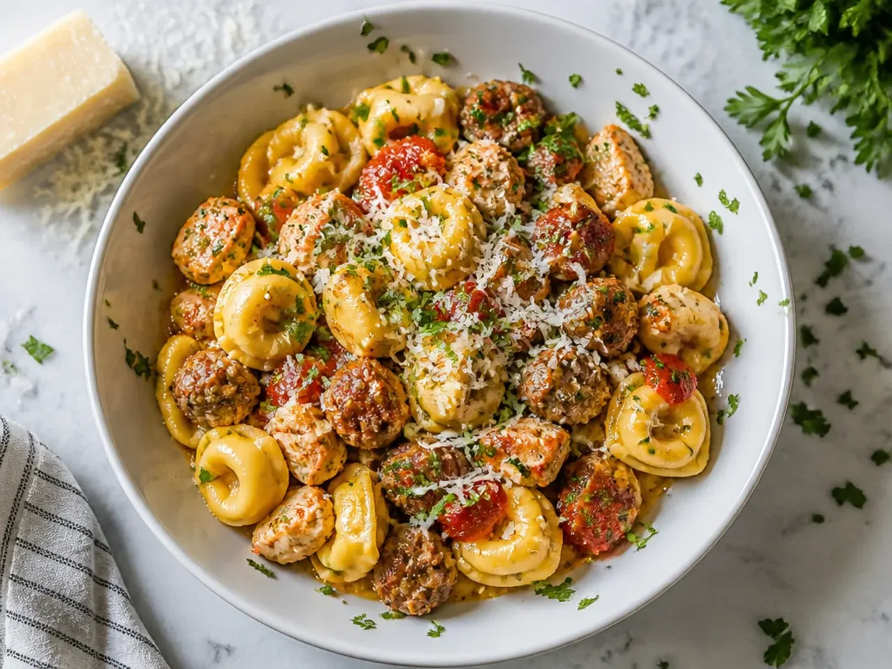 Skillet of chicken and sausage tortellini in tomato sauce topped with basil
