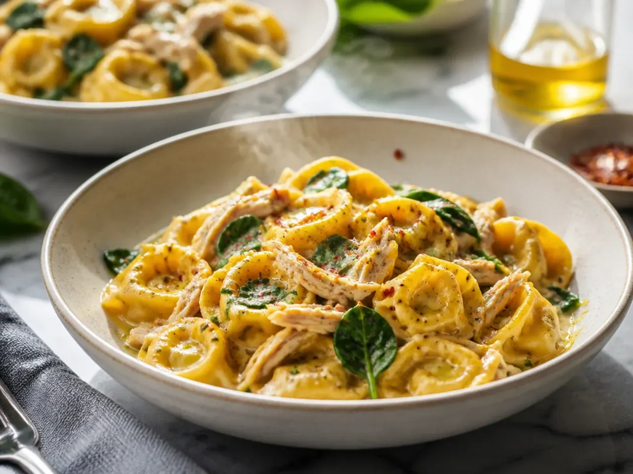 Quick weeknight chicken tortellini in a skillet ready to serve