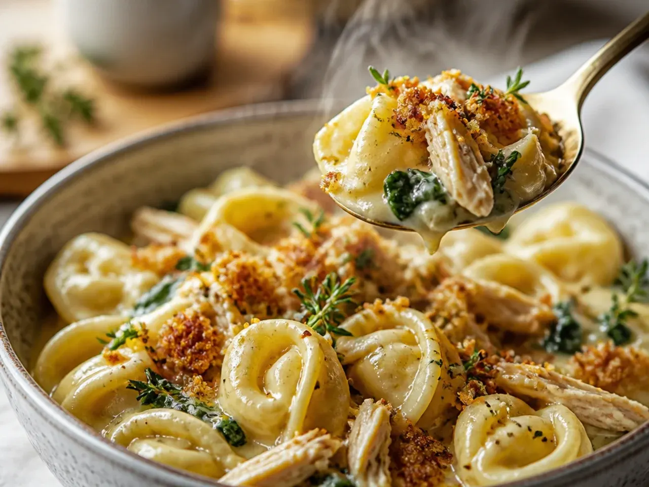 Slow cooker filled with creamy chicken tortellini and fresh parsley