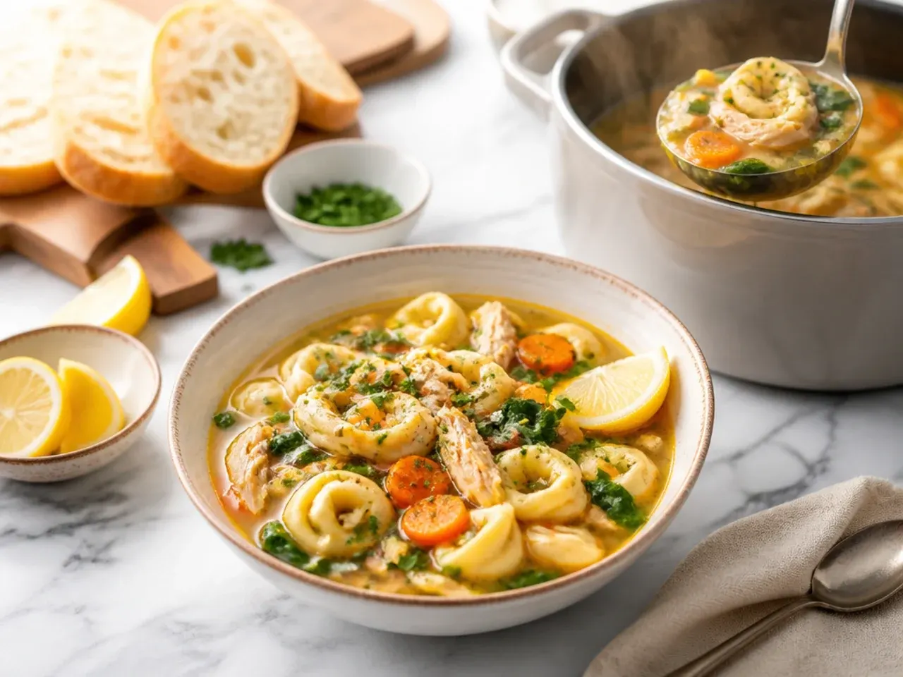 Bowl of cozy chicken tortellini soup with carrots and celery