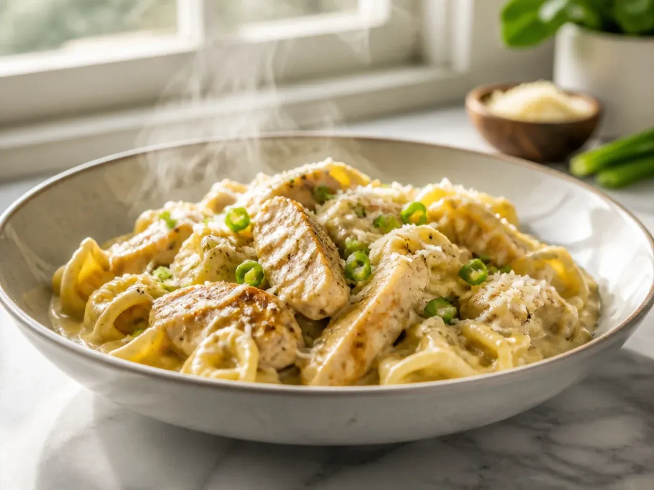 Close-up of chicken tortellini coated in creamy garlic parmesan sauce