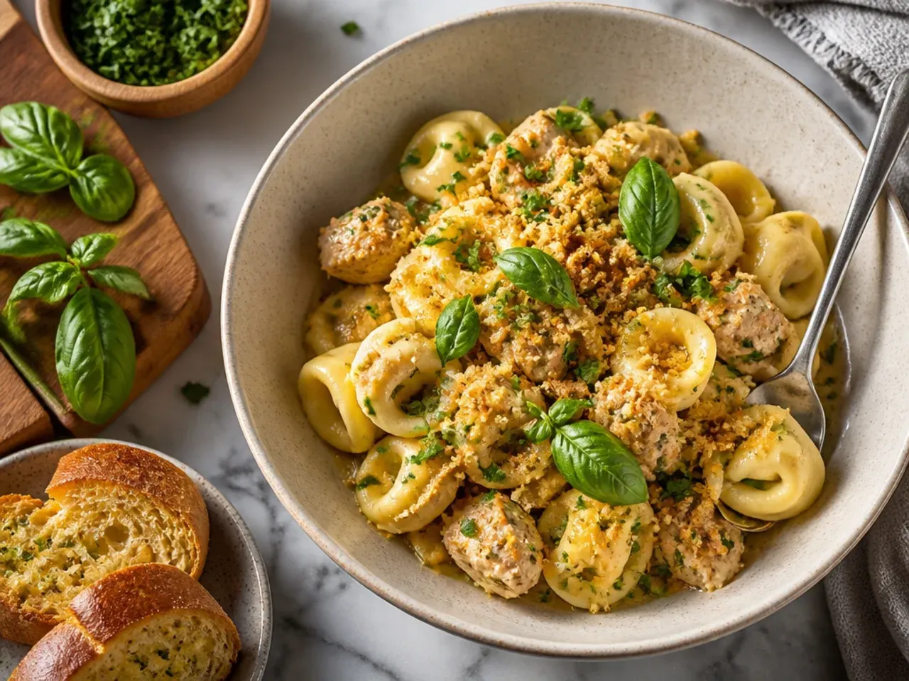 Simple butter and herb chicken tortellini in a white bowl