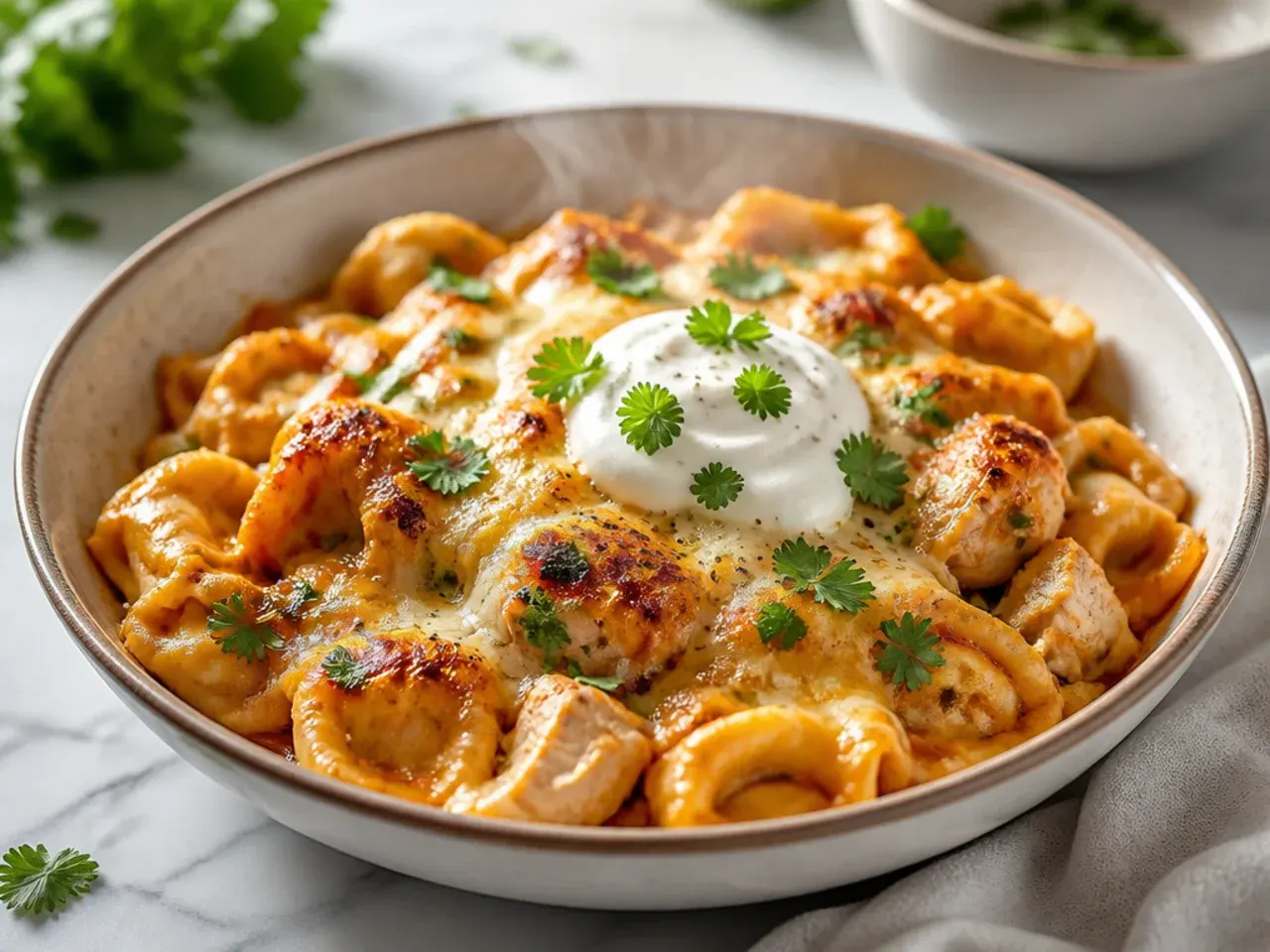 Baked three-cheese chicken tortellini casserole with golden bubbling top