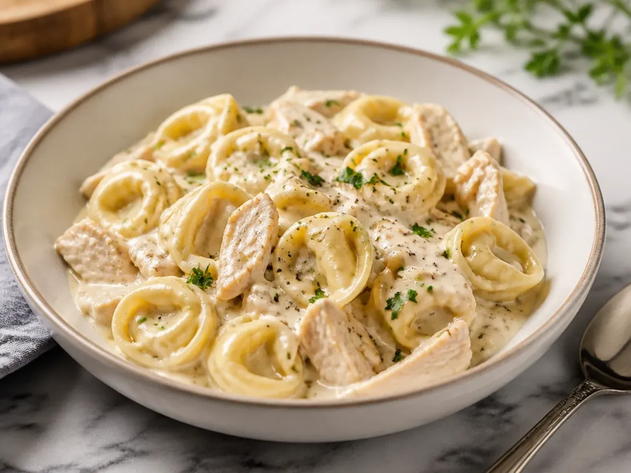 Creamy alfredo chicken tortellini sprinkled with black pepper and parmesan