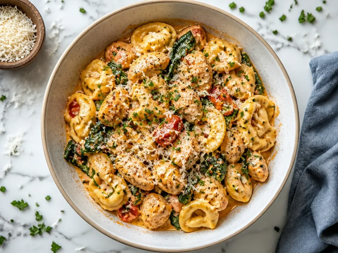 Budget chicken tortellini with white beans and vegetables in a pot