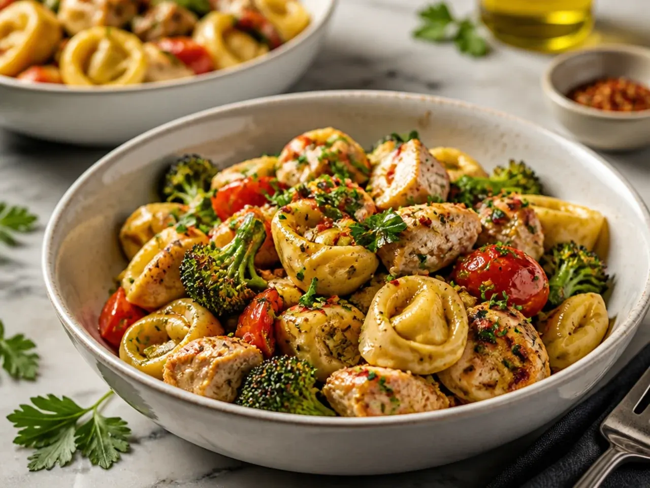 Sheet pan of roasted chicken tortellini with blistered cherry tomatoes