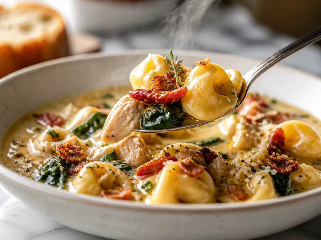 Rustic Tuscan chicken tortellini with spinach and sun-dried tomatoes