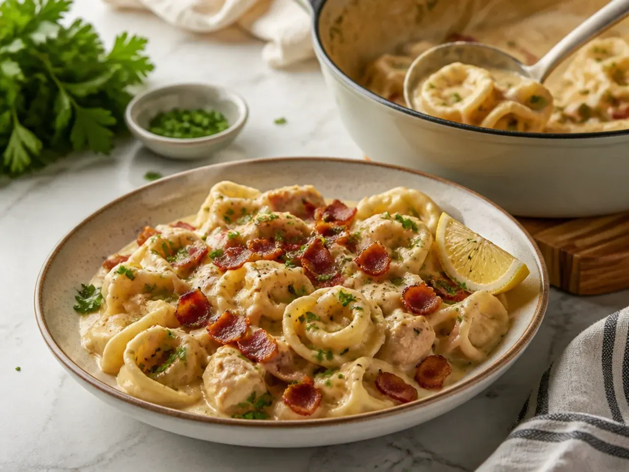 Loaded bacon chicken tortellini topped with crispy bacon and spring onion