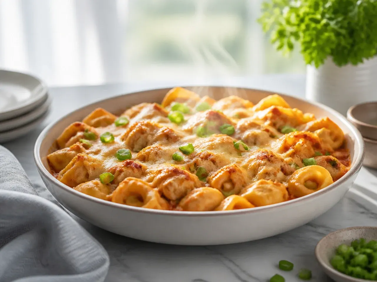 Family-size chicken tortellini bake in a large casserole dish