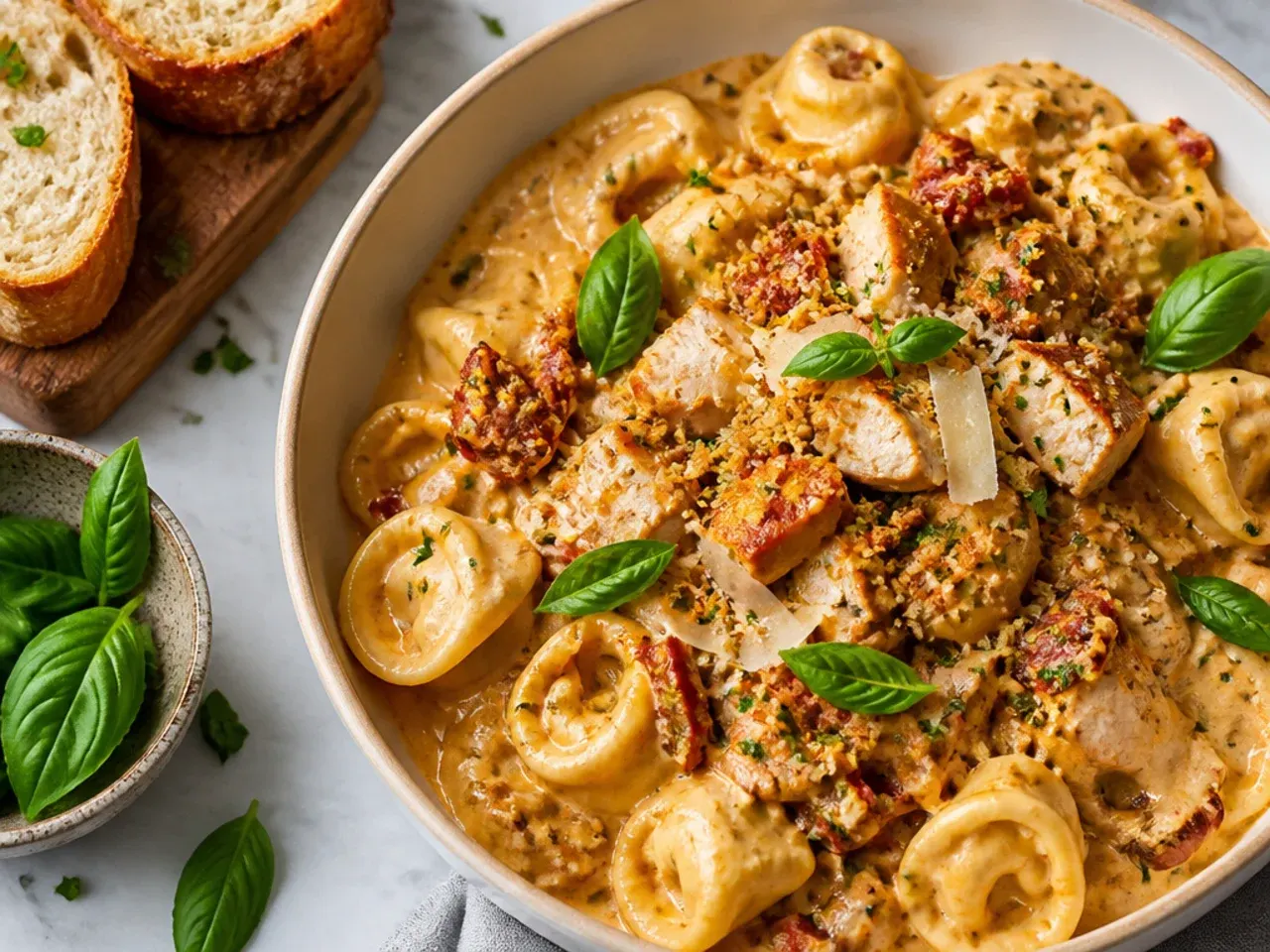 Marry me chicken tortellini in a skillet with basil and smoked paprika sauce